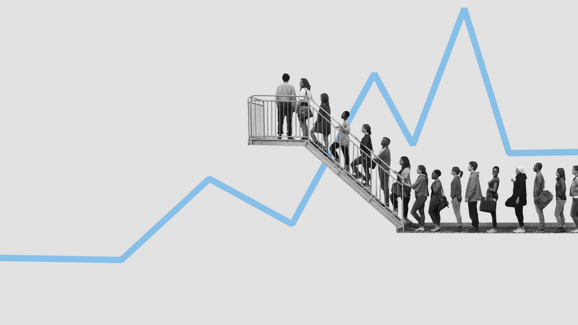People climbing a ladder on a line chart